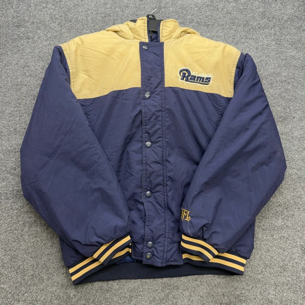 Vintage NFL St Louis Rams Hooded Puffer Jacket Kids Medium Navy Gold RN67891